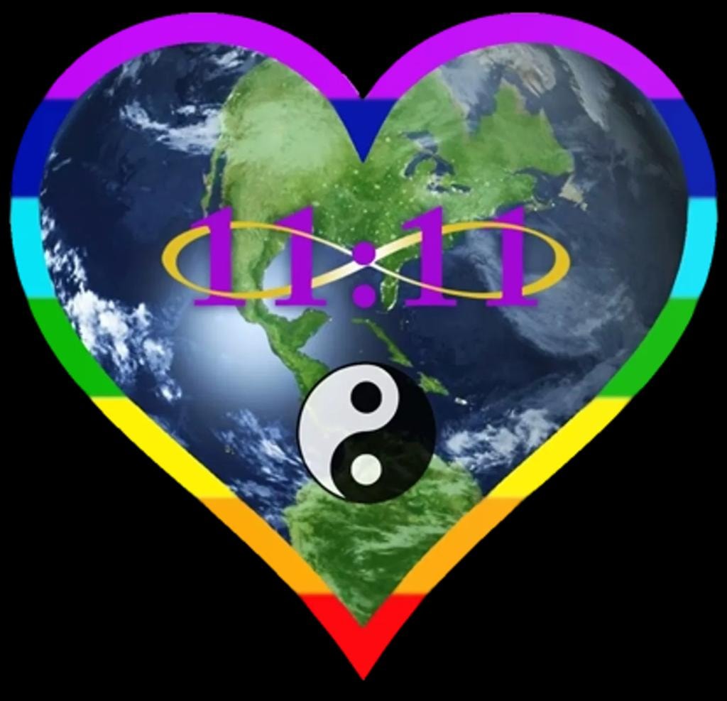 The 4Gratitude Heart — Earth, rainbow chakras, yin yang, 11:11, unity symbol