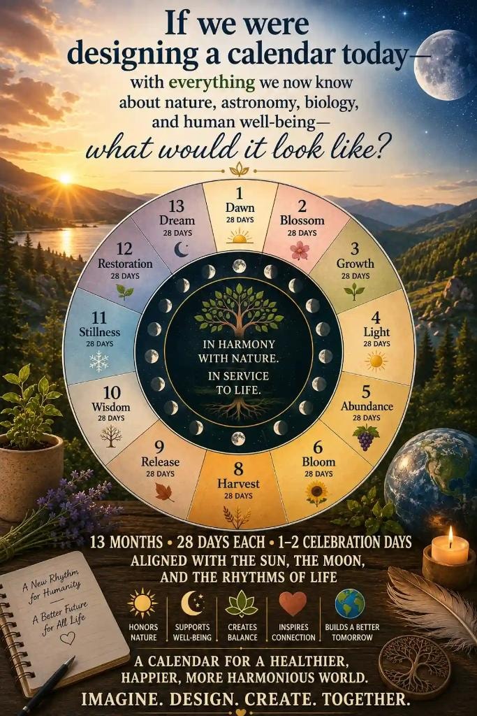 If we were designing a calendar today — 13 months of 28 days each, aligned with the sun, the moon, and the rhythms of life.