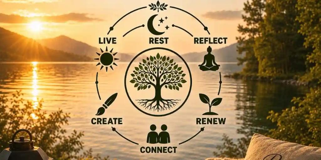 Holistic life philosophy — Live, Rest, Reflect, Create, Renew, Connect around the tree of life