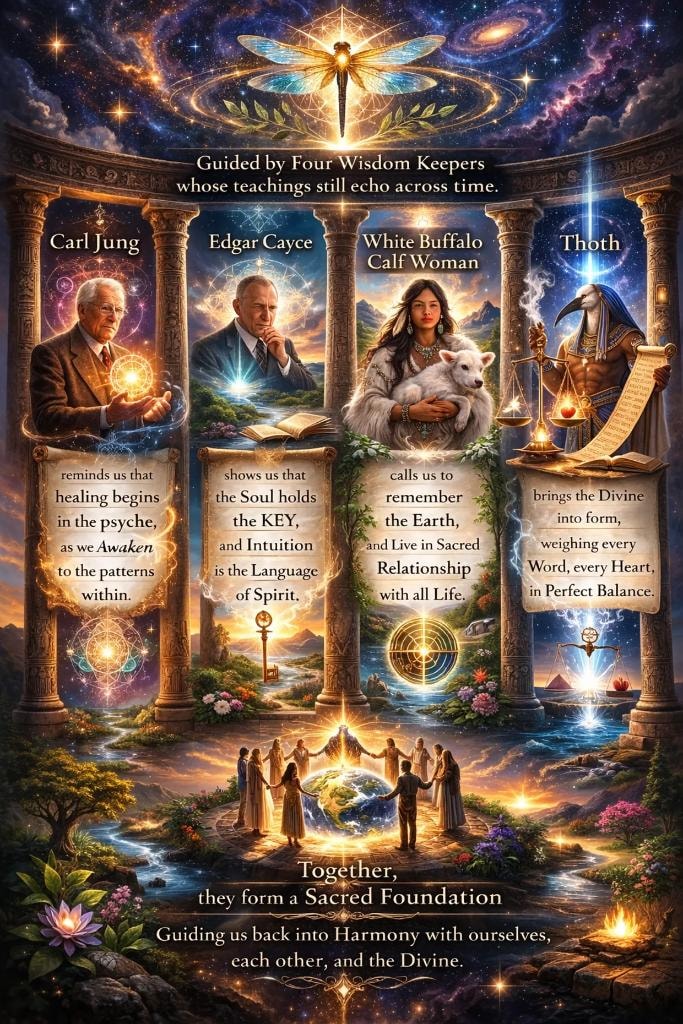 Four Wisdom Keepers — Carl Jung, Edgar Cayce, White Buffalo Calf Woman, Thoth — guided by teachings that echo across time
