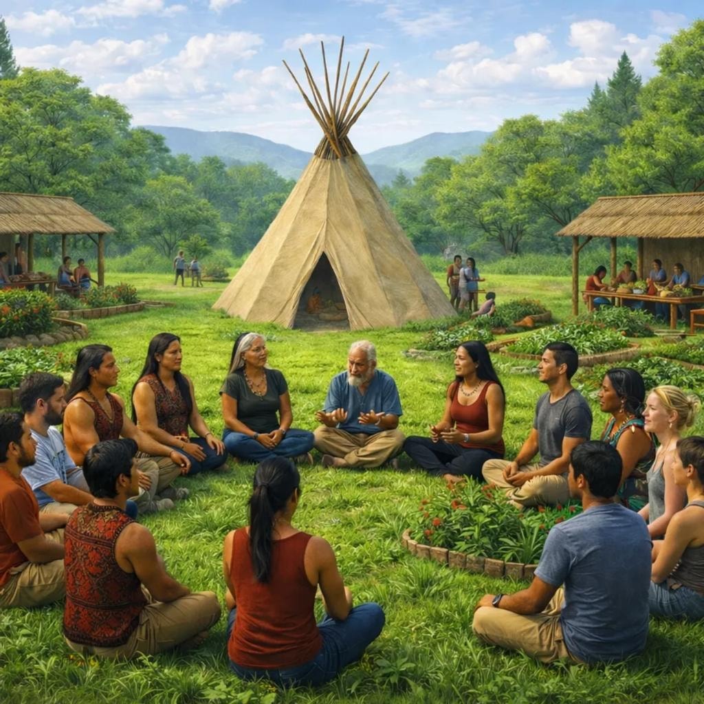 A diverse group gathered in a circle around a teepee in a natural landscape — The Sacred Village