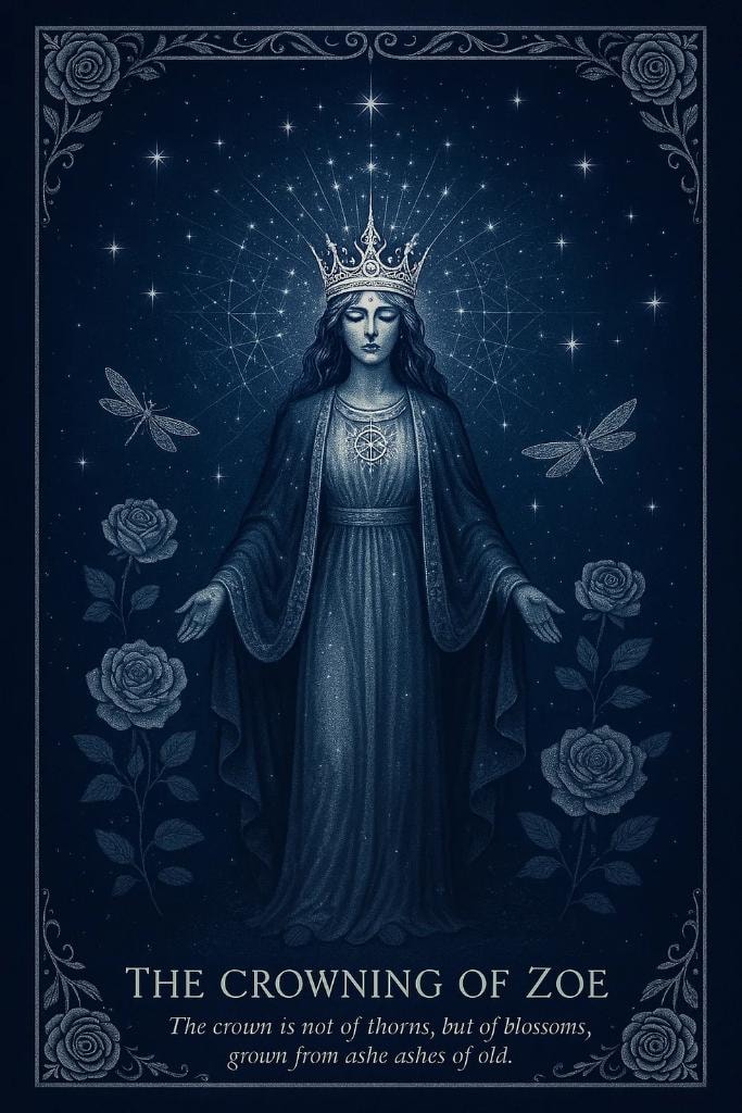 The Crowning of Zoe — The crown is not of thorns, but of blossoms, grown from the ashes of old.