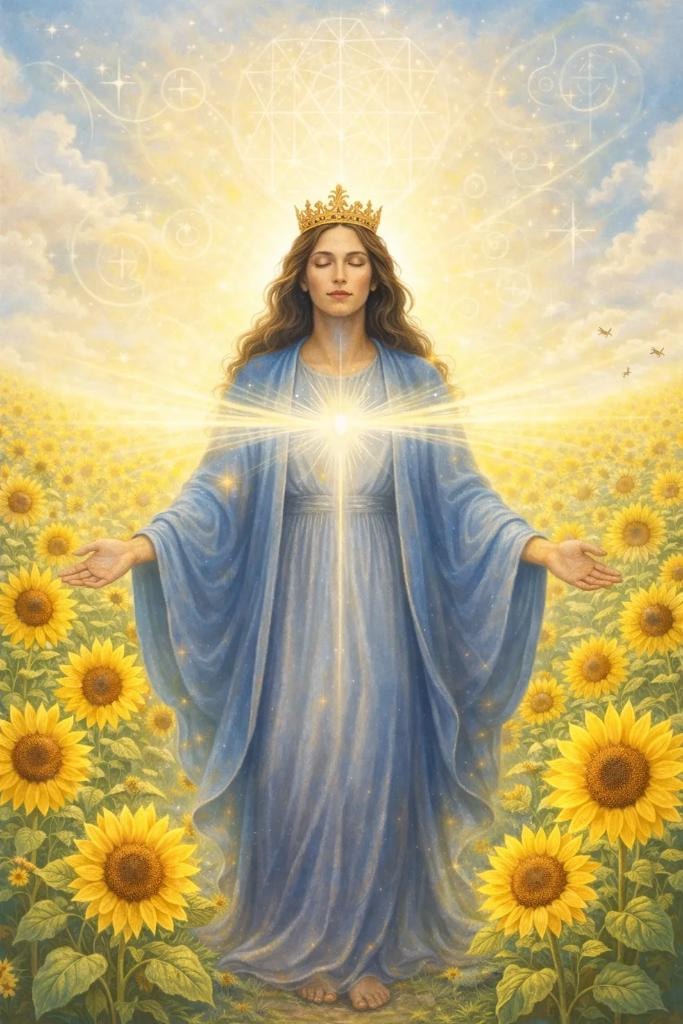 Crowned figure radiating light in a sunflower field — the Feminine Christ.