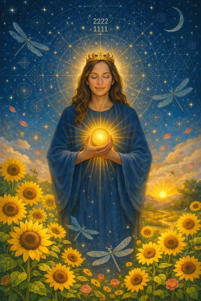 Crowned woman holding a glowing orb in a sunflower field — 2222 1111 sacred numerology.