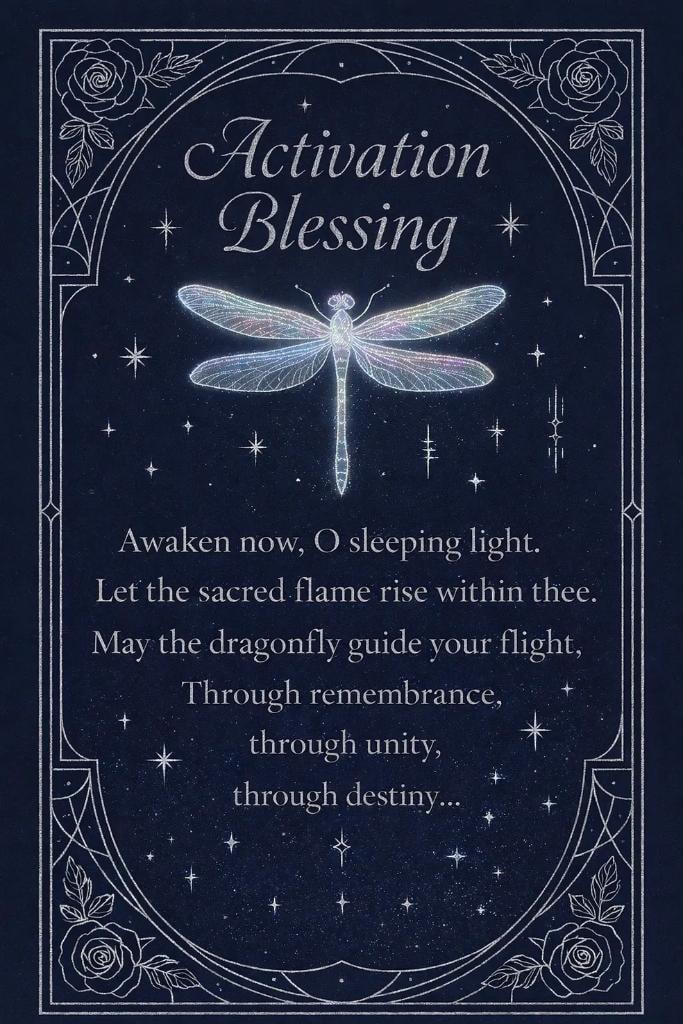 Activation Blessing — Awaken now, O sleeping light. May the dragonfly guide your flight.