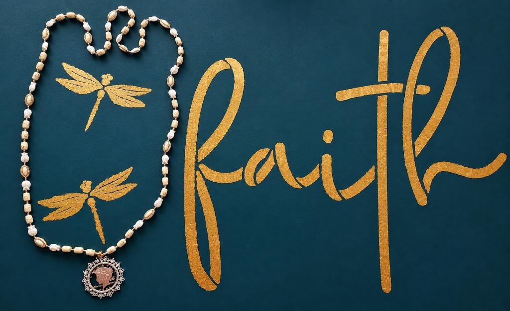 Faith — dragonfly necklace with gold calligraphy